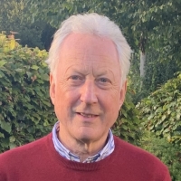 An older man stands on grass, wearing a red sweater and blue pants, with hedges and trees in the background.