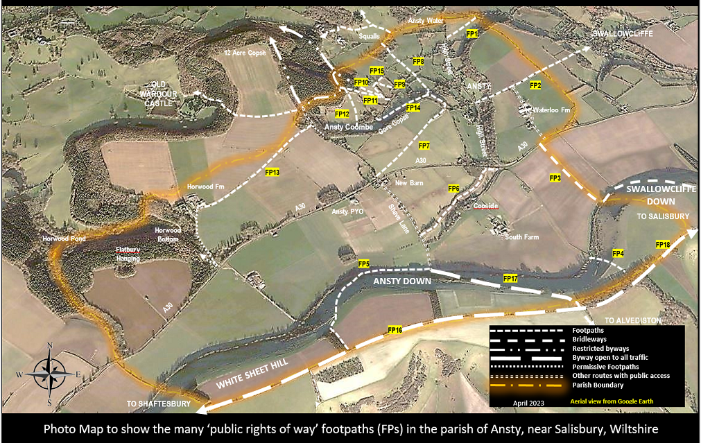 Map showing public footpaths (FPs) in Ansty parish, near Salisbury, Wiltshire, overlaid on an aerial view.