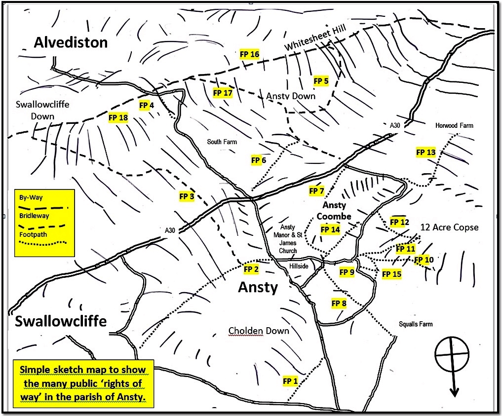 A black-and-white sketch map of Ansty showing public rights of way, footpaths, and bridleways labeled FP1–FP18.