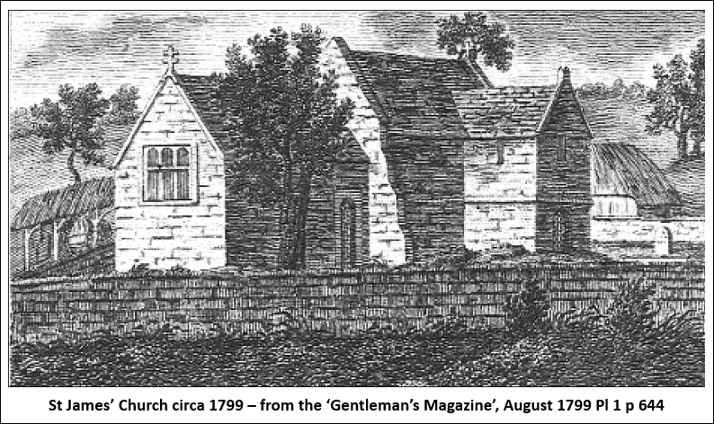 Black and white sketch of St James’ Church with trees and a stone wall, from a 1799 magazine.